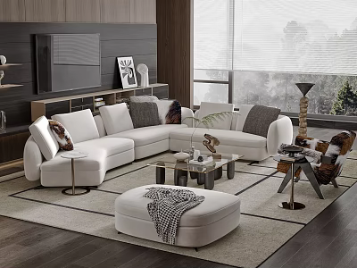 Modern Living Room White L-shaped Sofa Coffee Table Set with Soft Cushions Ottoman and Rug 3d model