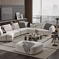 Modern Living Room White L-shaped Sofa Coffee Table Set with Soft Cushions Ottoman and Rug