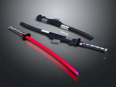 Three Futuristic Swords Weapon With Red Glowing Blade And Black Hilt Design 3d model