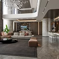 Modern Duplex Living Room Interior With Large Windows Staircase Sofa Grey Flooring And Chandelier