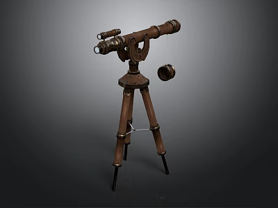 Antique Telescope Mounted On Wooden Tripod Stand For Home Decor 3d model