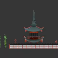 Traditional Asian Pagoda With Multi Tiered Green Roof And Red Railings Near Bamboo Plants
