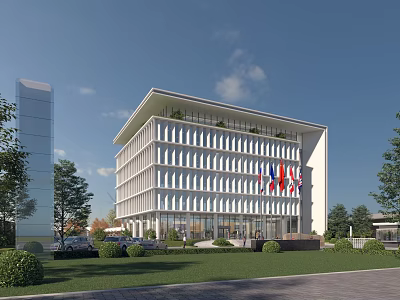 Modern Office Building With Sleek White Exterior Regular Windows Green Lawn And Trees 3d model