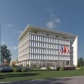Modern Office Building With Sleek White Exterior Regular Windows Green Lawn And Trees