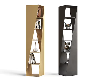 Modern Geometric Gold and Black Shelving Units with Decorative Items and Books 3d model