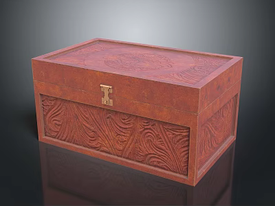 Brown Wooden Box With Intricate Carved Patterns And Decorative Metal Lock 3d model