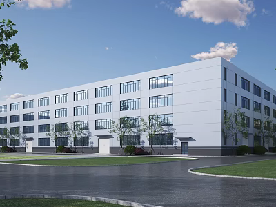 Modern Multi Story Industrial Factory Building With White Exterior Surrounded By Trees Lawn And Road 3d model