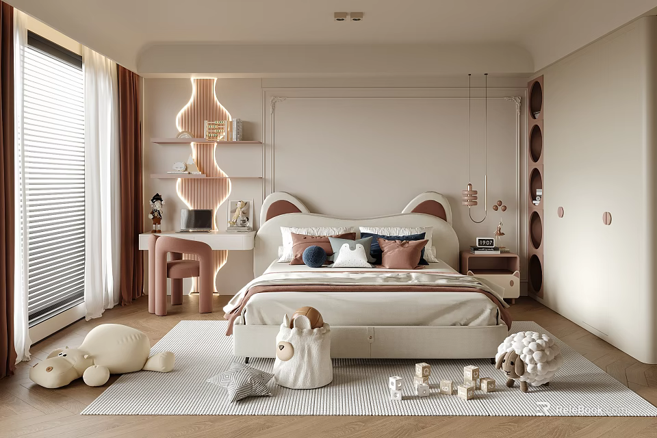 Cozy Kids Room Interior With Cute Bed Plush Toys Wooden Blocks And Study Desk 3d model 