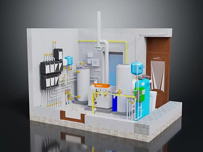 Cartoon Style Industrial Facility Interior With Pipes Blue White Tanks Control Panels And Wooden Door 3d model