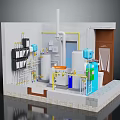 Cartoon Style Industrial Facility Interior With Pipes Blue White Tanks Control Panels And Wooden Door