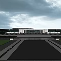 Modern Garden Landscape With Glass Curtain Wall Seating Bench And Wooden Ceiling