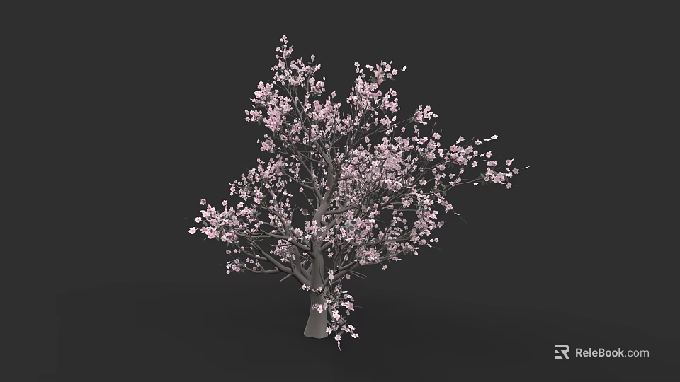 Botanical Painting of a Tree with Pink Blossoms Against Dark Background 3d model 
