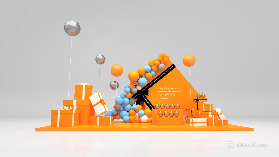 Orange Inflatable Structure with Colorful Balloons and Orange White Gift Boxes for Event Decoration 3d model 
