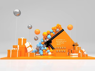 Orange Inflatable Structure with Colorful Balloons and Orange White Gift Boxes for Event Decoration 3d model