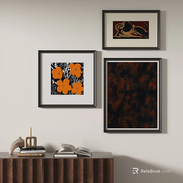 Abstract Paintings With Black Frames Orange Floral Design And Dark Background Wall Decor 3d model