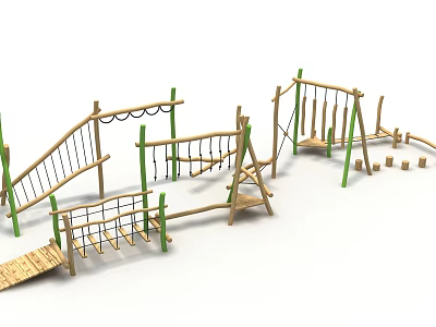 Wooden Outdoor Playground Equipment With Climbing Rope Nets Swings And Balance Beams 3d model