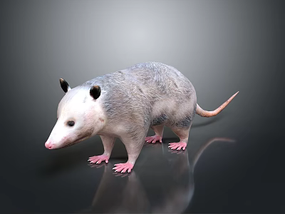 Gray Opossum With White Face Black Ears And Pink Paws Standing On Reflective Surface 3d model