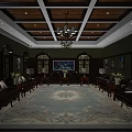 Classic Hotel Public Lounge Area With Green Walls Dark Wooden Ceiling Chandelier And Arched Windows