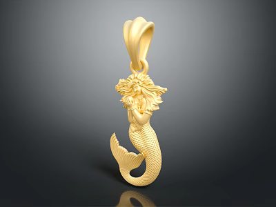 Golden Mermaid Shaped Jewelry Pendant with Intricate Tail and Detailed Head Design 3d model