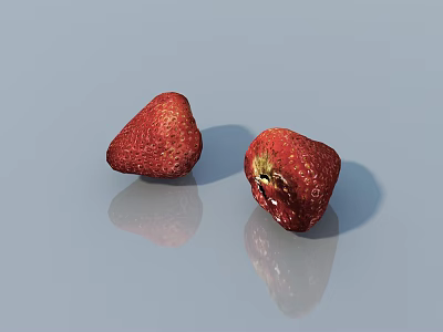 Two Fresh And Damaged Strawberries On Light Blue Background With Reflections 3d model