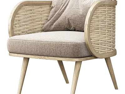 Modern Wicker Accent Chair With Wooden Frame Fabric Seat Cushion And Plush Pillow 3d model