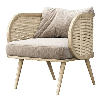 Modern Wicker Accent Chair With Wooden Frame Fabric Seat Cushion And Plush Pillow 3d model