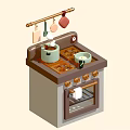Functional Modern Kitchen Interior With Stove Oven Hanging Utensils Pot Spoon And Appliances