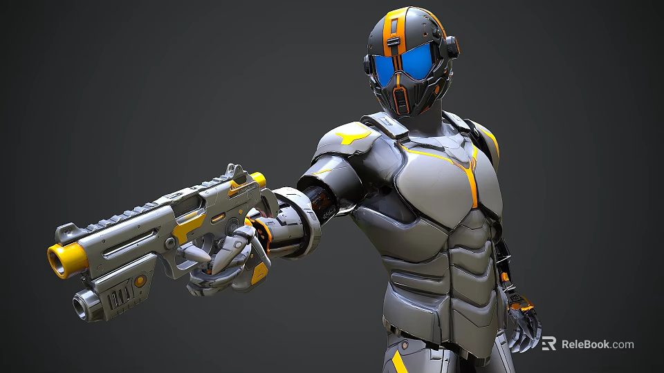 Man Wearing Gray Orange Blue Futuristic Armor Holding High Tech Gun 3d model 