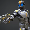 Man Wearing Gray Orange Blue Futuristic Armor Holding High Tech Gun