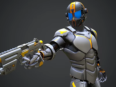 Man Wearing Gray Orange Blue Futuristic Armor Holding High Tech Gun 3d model