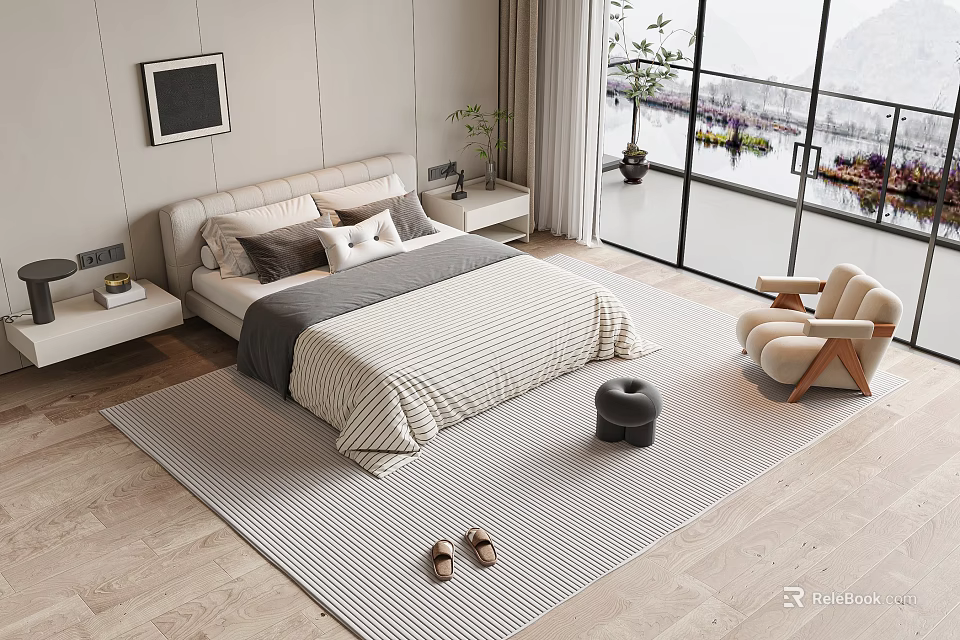 Modern Bedroom Double Bed With Beige Headboard Grey White Quilt Wooden Floor Large Window Beige Chair 3d model 