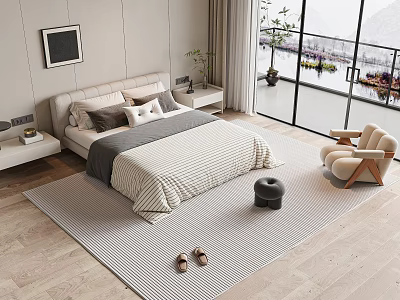 Modern Bedroom Double Bed With Beige Headboard Grey White Quilt Wooden Floor Large Window Beige Chair 3d model
