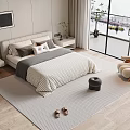 Modern Bedroom Double Bed With Beige Headboard Grey White Quilt Wooden Floor Large Window Beige Chair