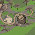 Scenic Children's Play Area With Cherry Blossom Trees Spiral Structures And Winding Pathways