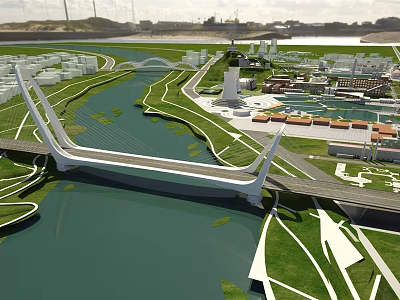 Modern Cable Stayed Bridge Over River In Urban Green Landscape With Wind Turbines 3d model