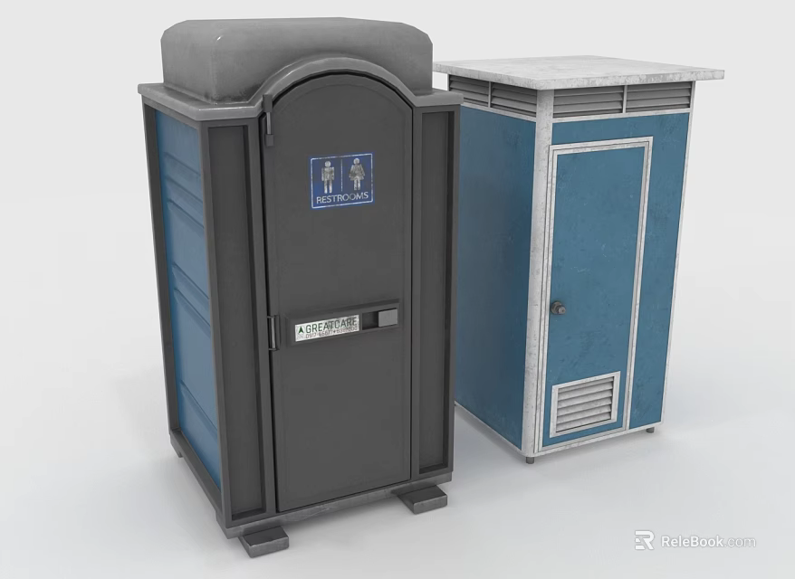 Public Restroom Cabinets In Dark Gray And Blue With Signs And Ventilation Grille 3d model 