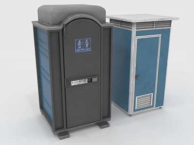 Public Restroom Cabinets In Dark Gray And Blue With Signs And Ventilation Grille 3d model