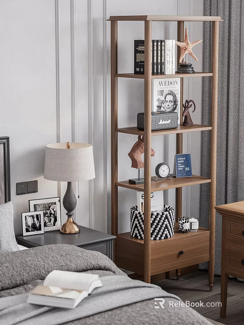 Wooden Bedroom Shelf With Magazine Sculpture Clock Basket And Photo Frames 3d model 