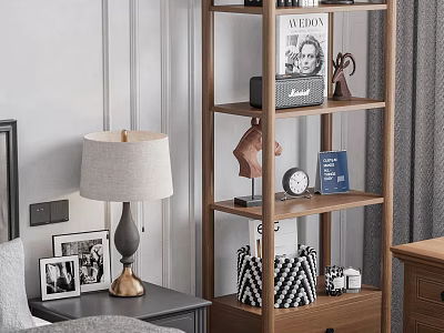 Wooden Bedroom Shelf With Magazine Sculpture Clock Basket And Photo Frames 3d model