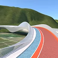 Modern Landscape Bridge With White Curved Structure Red Accents Green Hills And Blue Sky