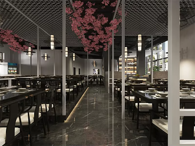 Modern Hotpot Restaurant Interior With Pink Cherry Blossom Decor Wooden Tables And Pendant Lights 3d model