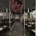 Modern Hotpot Restaurant Interior With Pink Cherry Blossom Decor Wooden Tables And Pendant Lights
