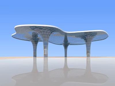 Sleek Modern Pergola With Curved Grid Canopy And Reflective Support Columns 3d model