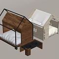 Two Wooden House Shaped Small Pet Beds With Metal Frame And Tray Design