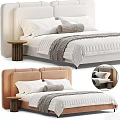 Modern Double Bed With Upholstered Headboard Pillows Blanket And Wooden Nightstand