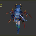 Fantasy Game Character With Blue Bat Wings Golden Horns Navy Uniform And Black Boots