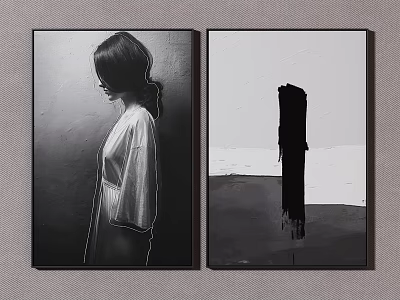 Two Paintings With Woman's Back View In White Dress And Black Abstract Silhouette 3d model