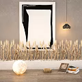 Indoor Decorative Wheat Bonsai On Long White Base With Abstract Painting And Glowing Lamp