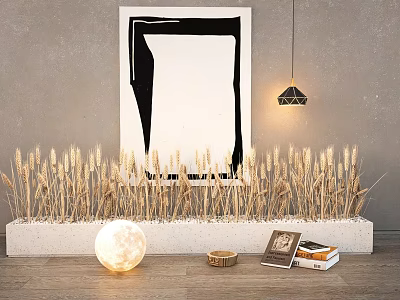 Indoor Decorative Wheat Bonsai On Long White Base With Abstract Painting And Glowing Lamp 3d model