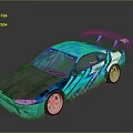 Blue And Teal Race Car With Graffiti Design Rear Spoiler Silver Wheels And Matte Finish